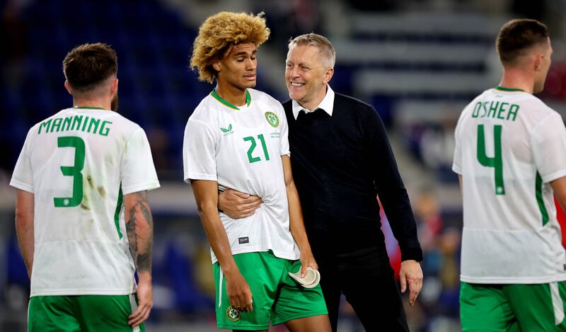 Ireland manager Heimir Hallgrímsson with John Joe Patrick Finn after Tuesday's 0-0 draw in Luxembourg. Photograph: Ryan Byrne/Inpho