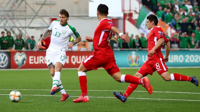 Jeff Hendrick scores Ireland’s winner at the Victoria Stadium. Photograph: James Crombie/Inpho