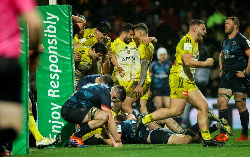 La Rochelle’s players celebrate Joel Sclavi’s winning try against Ulster. Photograph: James Crombie/Inpho 