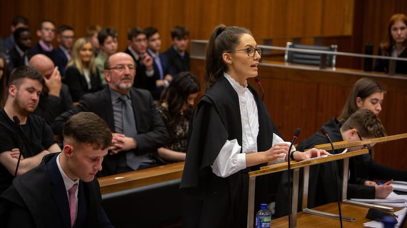 Ciara Ramsbottom speaking in the final of the National Moot Court Competition in November 2019  at the Criminal Courts of Justice.