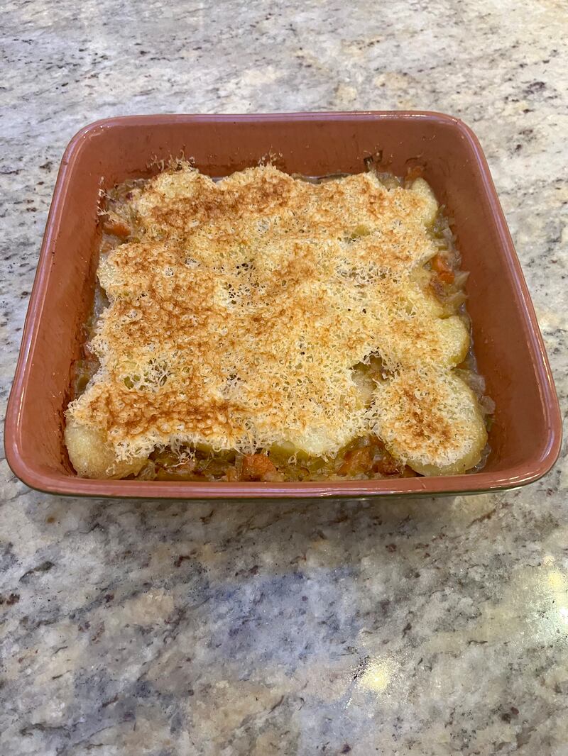 Chicken and leek pot pie with carrots and crispy potato topping from HelloFresh 