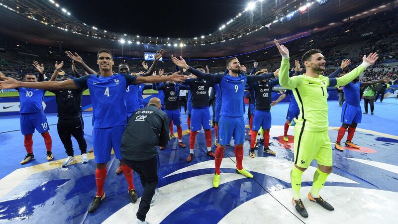 France celebrate World Cup qualification after their 2-1 win over Belarus at the Stade de France. Photograph: Christophe Simon/AFP’