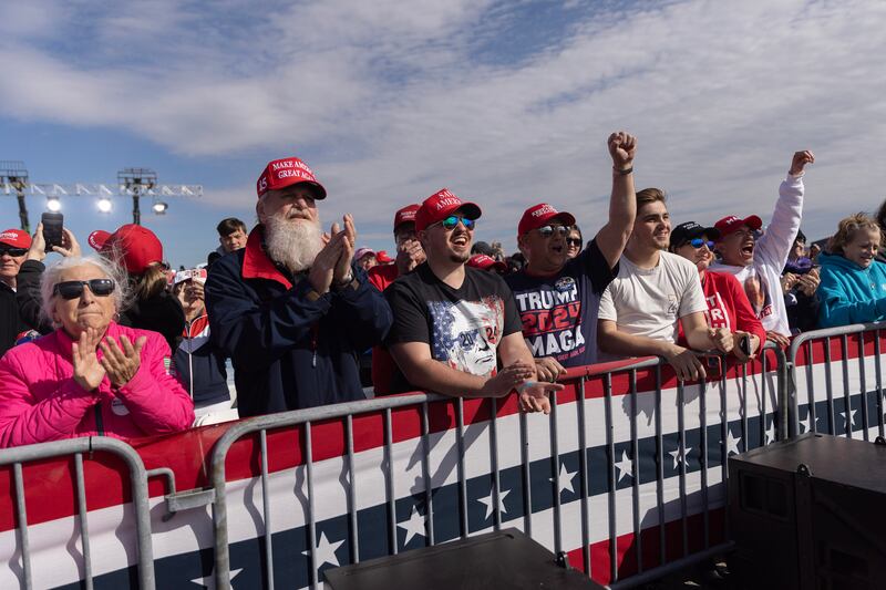 Supporters of former Donald Trump cheer as he arrives for a Buckeye Values PAC rally in Dayton, Ohio. Photograph: Maddie McGarvey/ New York Times