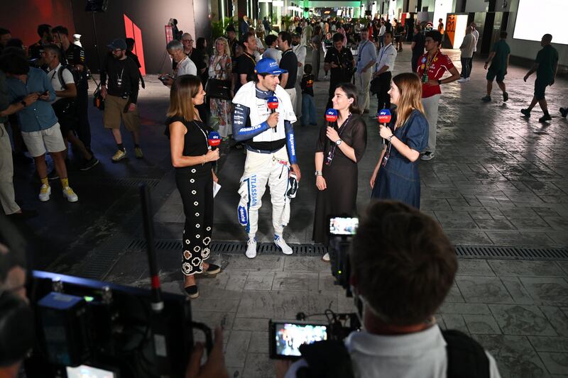 Williams driver Carlos Sainz talks to interviewers including Bernie Collins before the F1 Grand Prix of Saudi Arabia in Jeddah last month. Photograph:  Mark Sutton/Formula One/Getty