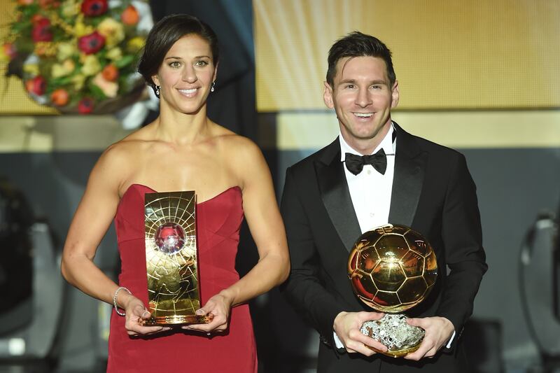 Carli Lloyd collects her 2015 world player of the year award despite not scoring from a corner against the Republic of Ireland. Photograph: Matthias Hangst/Getty Images