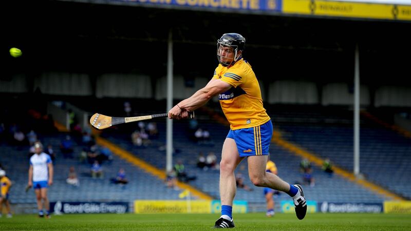 Clare’s Tony Kelly scores a free during the Munster SHC quarter-final against Waterford. Photograph: Ryan Byrne/Inpho