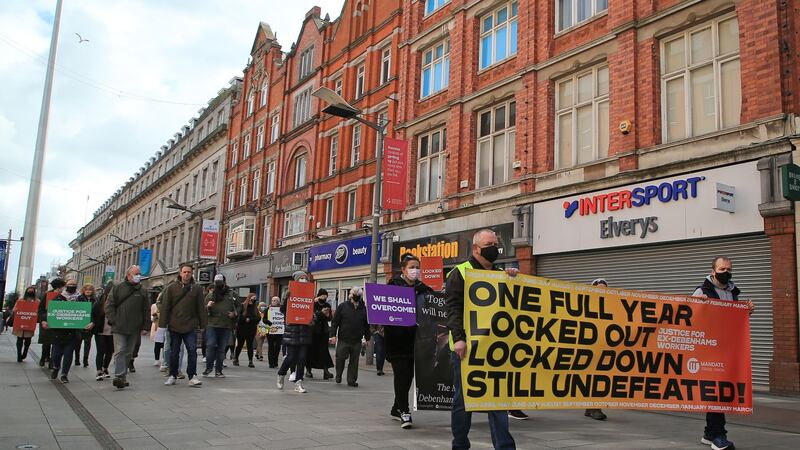 Former Debenhams workers marching on Henry Street in Dublin. Photograph: Nick Bradshaw