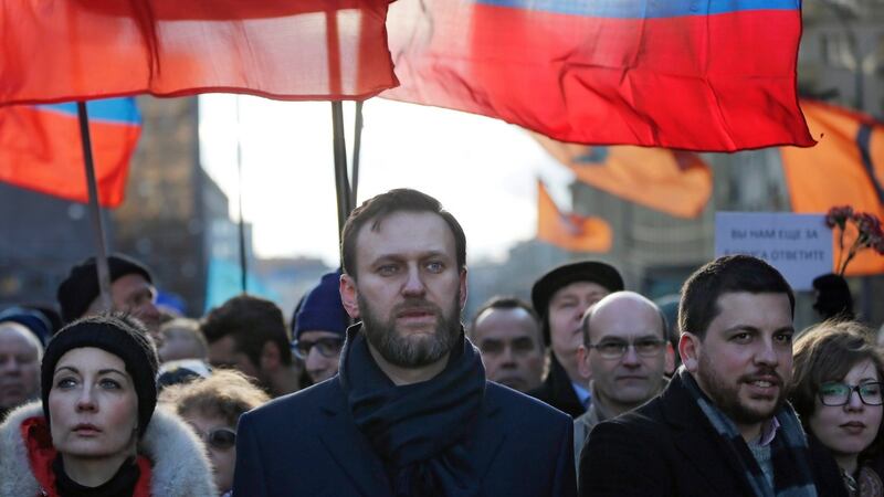 Russian opposition leader and anti-corruption blogger Alexei Navalny participate in a memorial march for Boris Nemtsov  in Moscow on Saturday. Photograph: Yuri Kochetkov/EPA