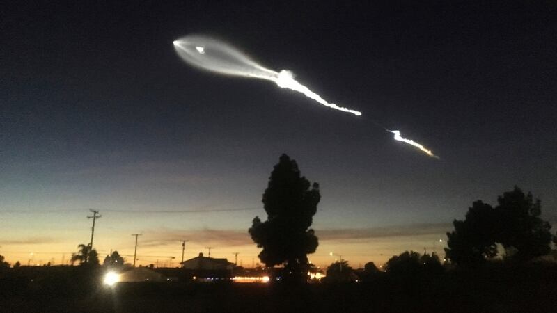In this photo provided by Javier Mendoza, the contrail from a SpaceX Falcon 9 rocket is seen from Long Beach, California, more than 100 miles southeast from its launch site at Vandenberg Air Force Base. Photograph: Javier Mendoza via AP.
