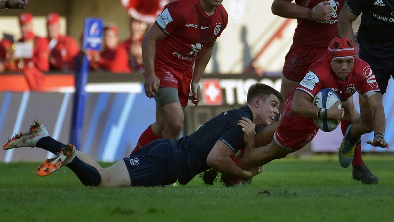 Garry Ringrose of Leinster tackles Toulouse’s  wing Cheslin Kolbe  during the European Rugby Champions Cup  match  in Toulouse on October 21st, 2018. Photograph: Pascal Pavani/AFP/Getty Images)