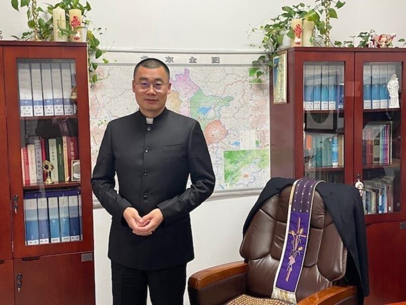 Fr Simon Zhu in his office at Beijing’s North Cathedral. Photograph: Denis Staunton