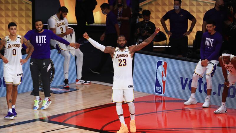 LeBron James celebrates after the LA Lakers secured the 2020 NBA Championship in Game Six. Photograph: Mike Ehrmann/Getty