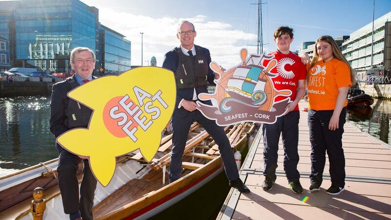 Minister Michael Creed, Tánaiste Hugh Coveney, students Myles Ó Raghallaigh and Cáit Ní Drisceoil at SeaFest launch scheduled for Cork over the next three years. Photograph: Michael O’Sullivan/OSM