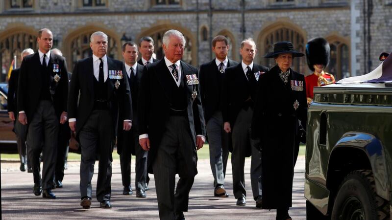 The monarchy follow Prince Philip, Duke of Edinburgh’s coffin during the ceremonial procession. Photograph:  Alastair Grant/WPA Pool/Getty