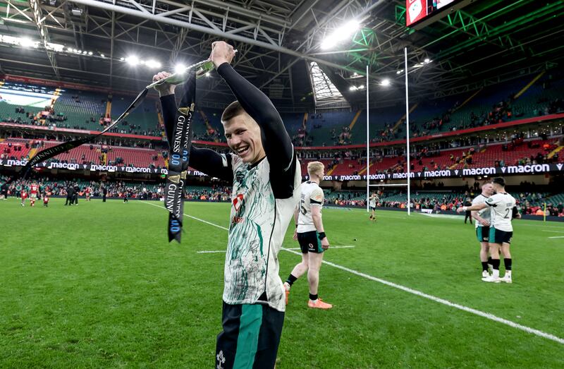 Sam Prendergast celebrates after Ireland's Six Nations victory in Cardiff. Photograph: Dan Sheridan/Inpho