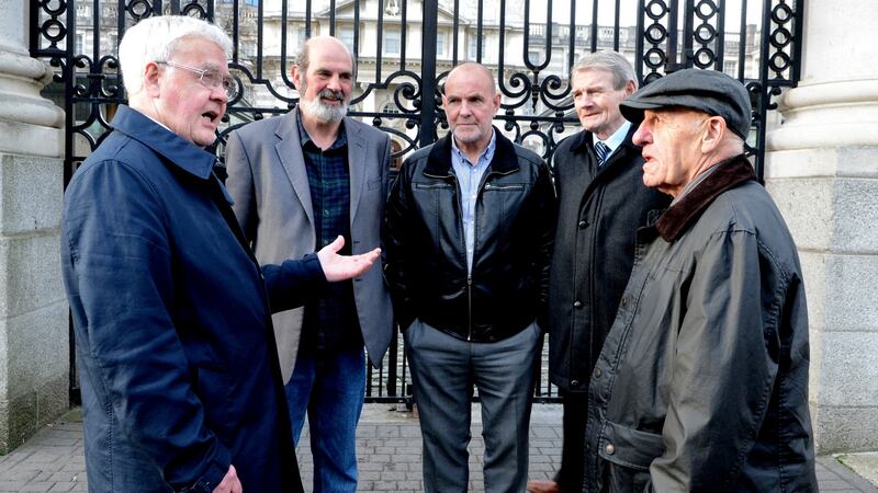 ‘Hooded Men’ Francis Mc Guigan, Micheal Donnelly, Patrick Mc Nally, Brian Turley and Kevin Hannaway. Photograph: Cyril Byrne/The Irish Times