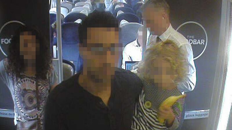 CCTV footage  issued by Virgin Trains that appears to show Labour Party leaderJeremy Corbyn (centre rear), seated in Coach H. Photograph: Virgin Trains/PA