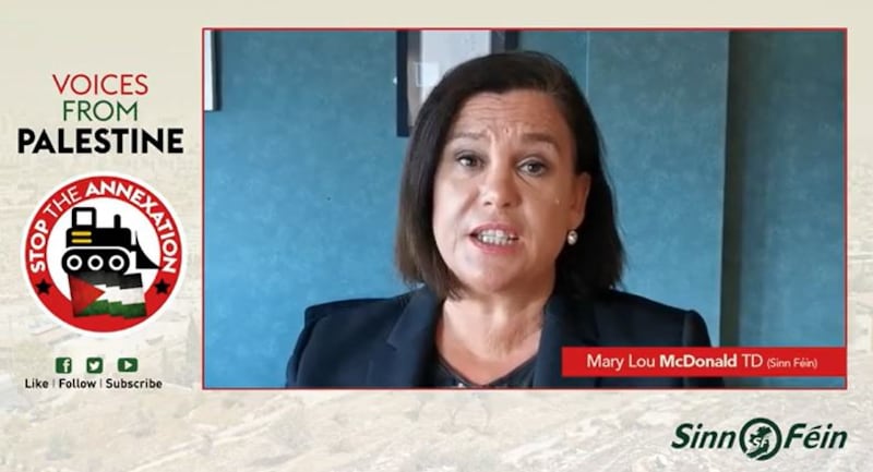 Sinn Féin leader Mary Lou McDonald speaking at the party's 2020 Voices from Palestine conference whose speakers included Dr Basem Naim, head of international relations for Hamas