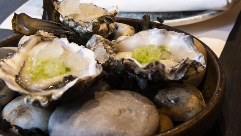 Rossmore oysters, elderflower vinegar and chive oil at Goldie Fish & Ale, Cork. Photograph: Clare Keogh