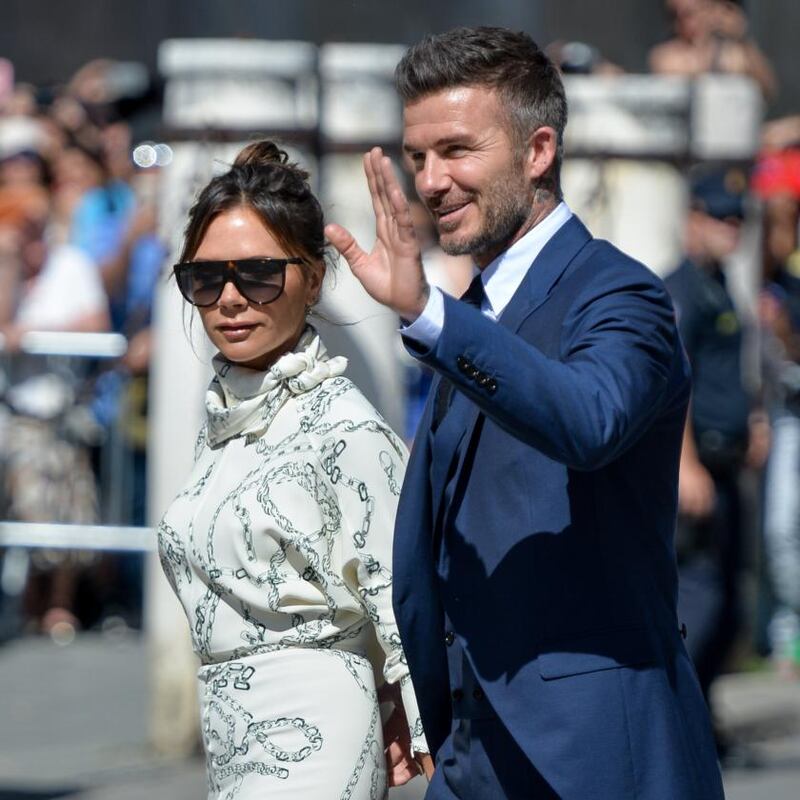 SEVILLE, SPAIN - JUNE 15: David Beckham and wife Victoria Beckham attend the wedding of real Madrid football player Sergio Ramos and Tv presenter Pilar Rubio at Seville’s Cathedral on June 15, 2019 in Seville, Spain. (Photo by Aitor Alcalde/Getty Images)
