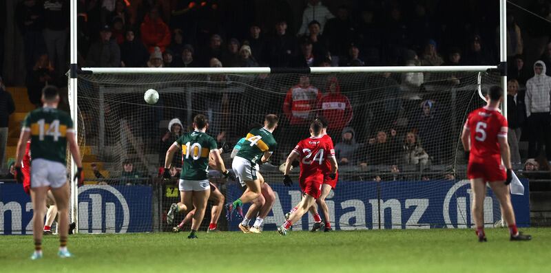 Kerry’s Dylan Casey scores a goal during the game against Derry. Photograph: James Crombie/Inpho