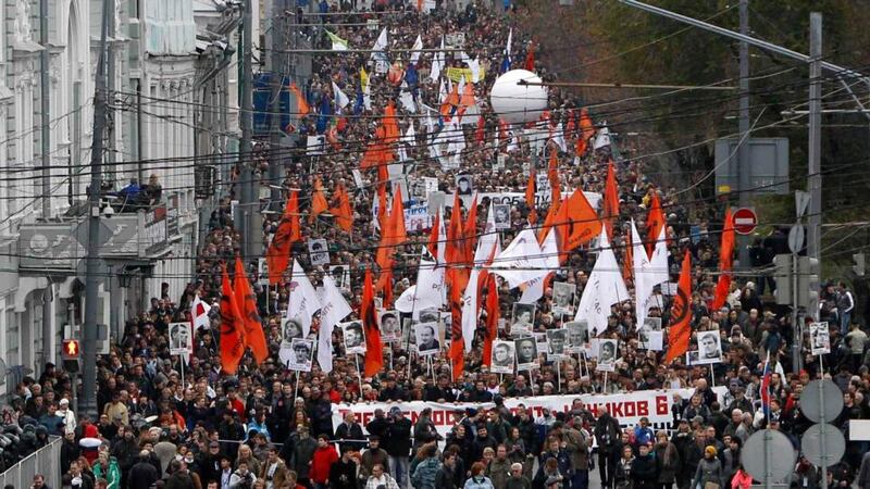 Thousands took part in today’s opposition rally. Photograph: Maxim Shemetov/Reuters