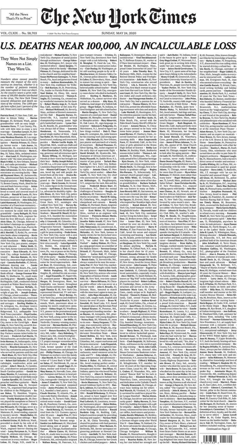 The front page of the May 24th, 2020 edition of The New York Times
