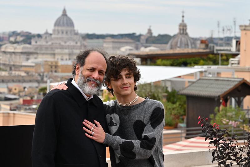 Luca Guadagnino with his young star Timothée Chalamet during a photocall for Bones And All in Rome. Photograph: Andreas Solaro/AFP/Getty Images