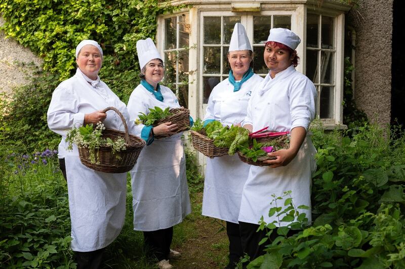 TU Dublin student Natasha Czophor, lecturers Annette Sweeney and Vourneen Hennessy and student Carlos Palieo with produce grown in the gardens of Airfield Estate