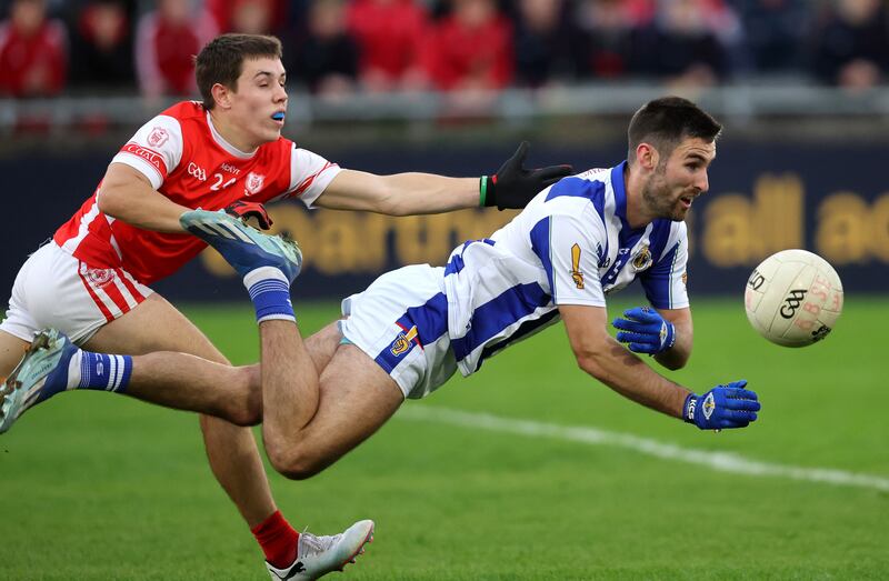 Cuala's Conor Groarke challenges Ballyboden's Shane Clayton. Photograph: Bryan Keane/Inpho