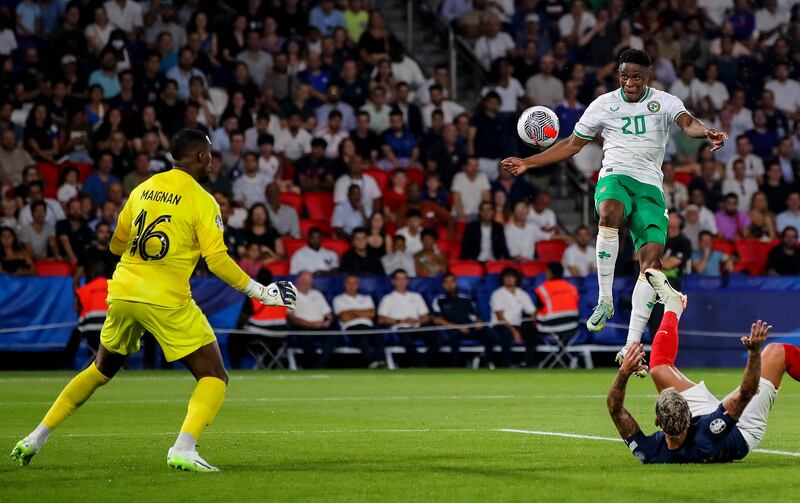 Ireland's Chiedozie Ogbene had a great opportunity to score against France but his header was weak and goalkeeper Mike Maignan's strong arm did enough to foil the visitors. Photograph: Ryan Byrne/Inpho 
