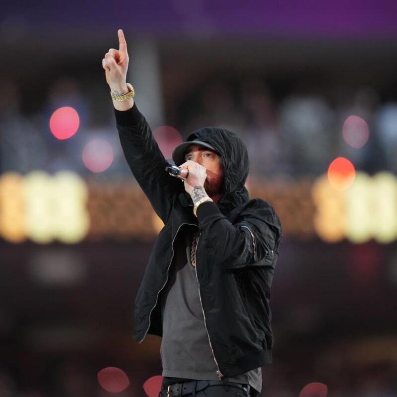 Eminem performs during the 2022 Super Bowl halftime show in Inglewood, Calif. Feb. 13, 2022. (AJ Mast/The New York Times)