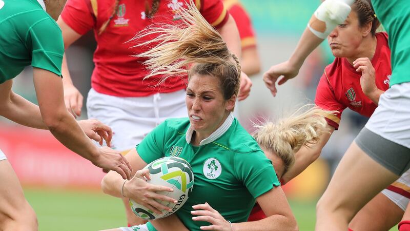 Ireland’s Eimear Considine is tackled by Elinor Snowsill of Wales. Photograph: Dan Sheridan/Inpho