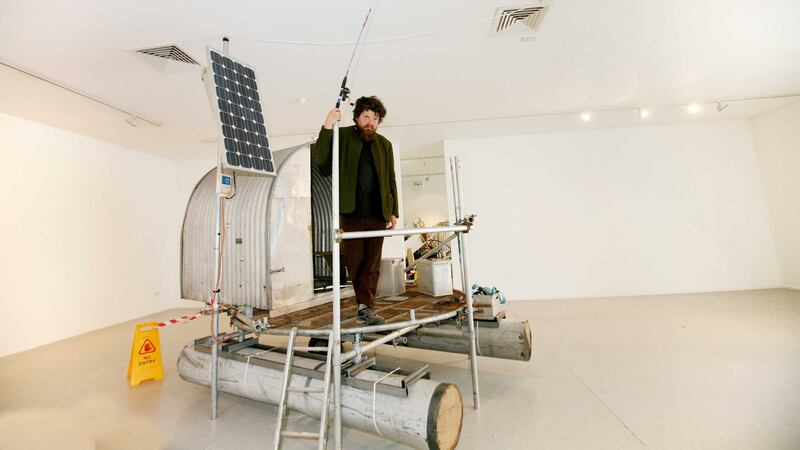 Paddy Bloomer in the Leitrim Sculpture Centre, Manorhamilton, Co Leitrim, with his Personal Deployable Crannog. Photograph: Brian Farrell