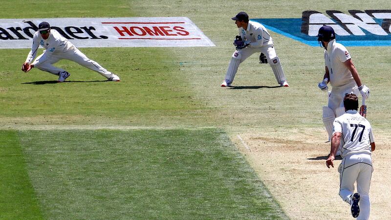 England debutant Dominic Sibley is caught by Ross Taylor off the bowling of Charles de Grandhomme. Photograph: David Gray/AFP/Getty
