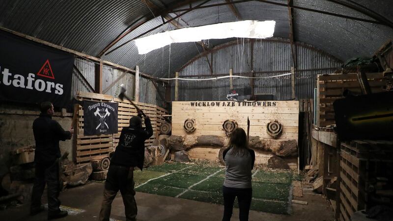 Axe throwers in action at the training centre in Co Wicklow. Photograph: Nick Bradshaw