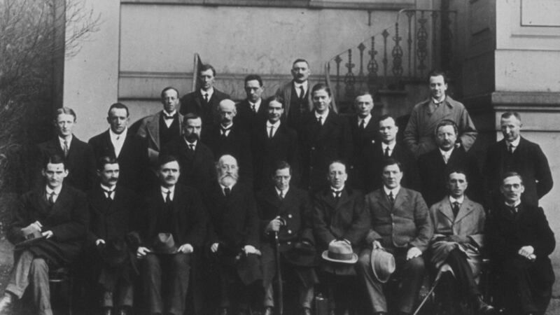 Members of the first Dáil photographed in 1919. James Ryan (Ryan’s great grandfather) is sixth from the right in middle row.
