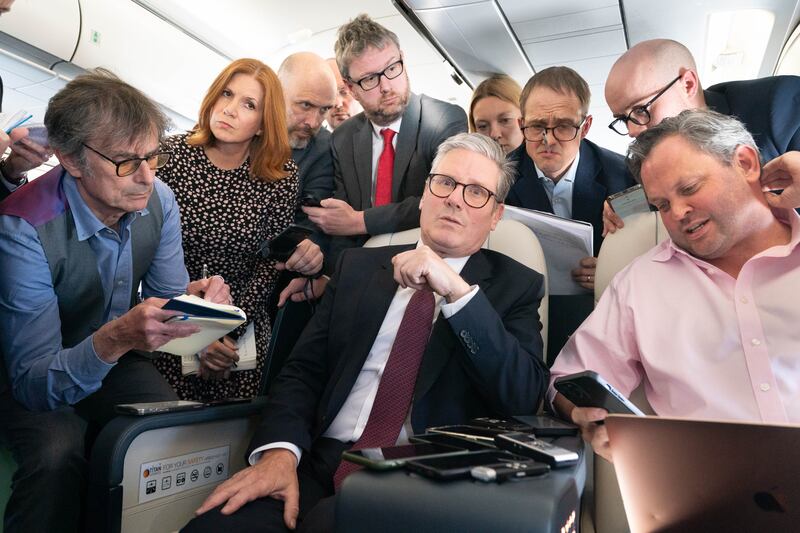 UK prime minister Keir Starmer talks to the media on a flight to Washington DC. Photograph: Stefan Rousseau/PA Wire