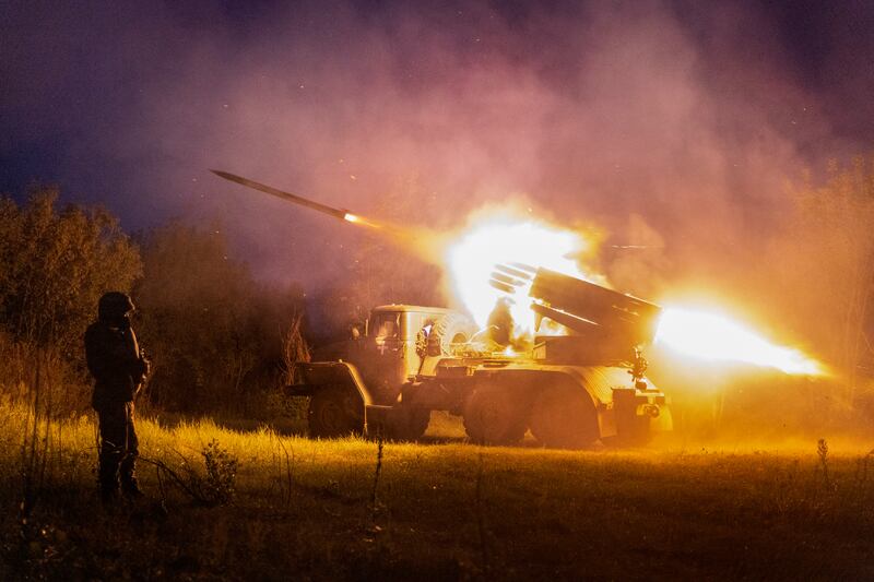 Ukrainian soldiers firing 122mm rockets near Kupiansk, Ukraine, earlier this month. Photograph:  David Guttenfelder/New York Times 
