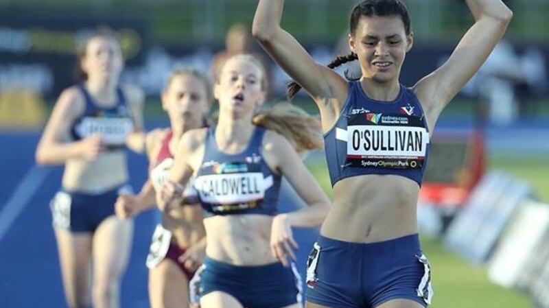 Sophie O’Sullivan crosses the finishing line in first place during the Australian U-17 championships in Sydney.