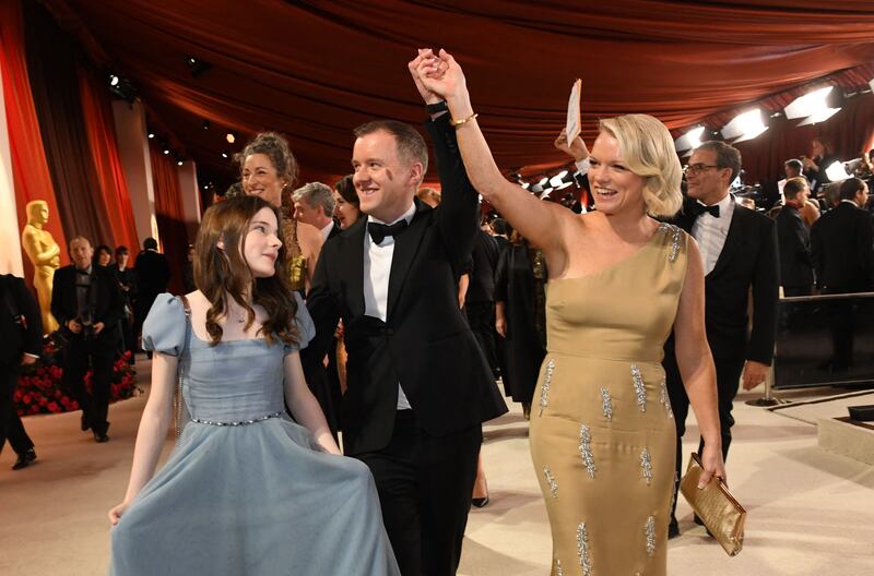 An Cailín Ciúin: Actor Catherine Clinch, director Colm Bairead, and producer Cleona Ni Chrualaoi attending the 95th Annual Academy Awards. Photograph: Valerie Macon/AFP/Getty Images