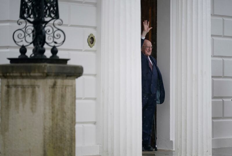 Michael D Higgins waves goodbye as Leo Varadkar after he tendered his resignation as Taoiseach. Photograph: Niall Carson/PA Wire