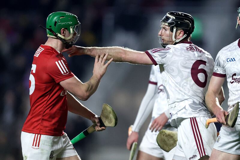 Cork's Séamus Harnedy and Galway's Padraic Mannion during the AHL clash at Páirc Uí Chaoimh. Photograph: Laszlo Geczo/Inpho 