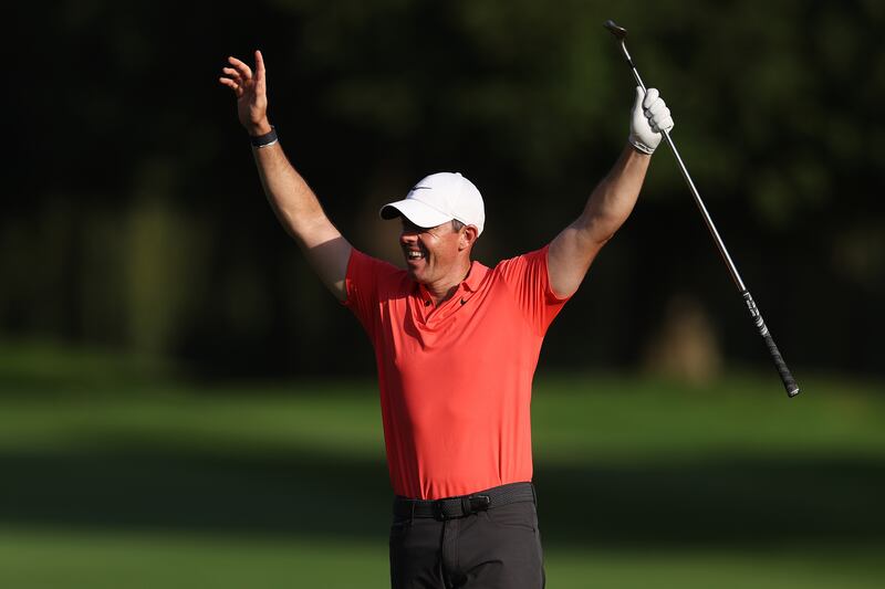 Rory McIlroy celebrates holing for an eagle on the 16th hole during the second round of the Horizon Irish Open at The K Club. Photograph:  Richard Heathcote/Getty Images