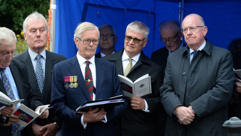 Kevin Myers, Ian Robertson of the Irish Guards Association, British ambassador  Robin Barnett and Minister for Justice  Charlie Flanagan at Tuesday’s gathering in Co Laois. Photograph: Dara Mac Dónaill