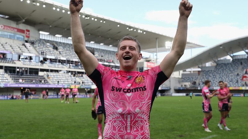 Armagh-born Gareth Steenson, a 10-year veteran at the Chiefs, who scored the winning penalty, celebrates the away victory over Montpellier at Altrad Stadium. Photograph:  David Rogers/Getty Images
