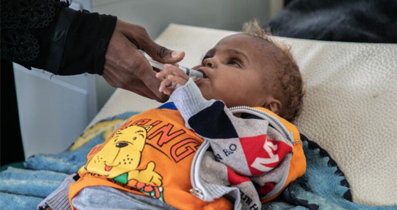 Mazen being treated for malnutrition at Unicef supported hospital in Sana’a, Yemen. Photograph: Unicef/Yemen/2020/Alghabri