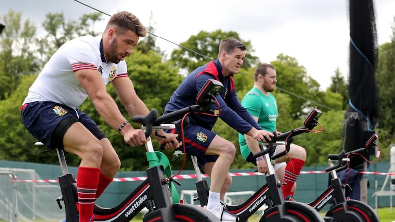 Rhys Webb and Jonathan Sexton on static bikes during Lions training at Carton House. Photo: Dan Sheridan/Inpho