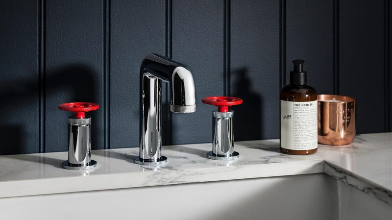 Chrome finish basin set with red wheels from the Union collection from UK fabricator Crosswater