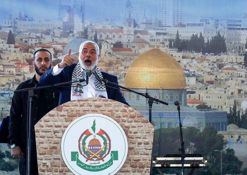Hamas political leader Ismail Haniyeh delivers a speech in Saida, Lebanon, in June 2022. Photograph: Mahmoud Zayyat/AFP via Getty Images